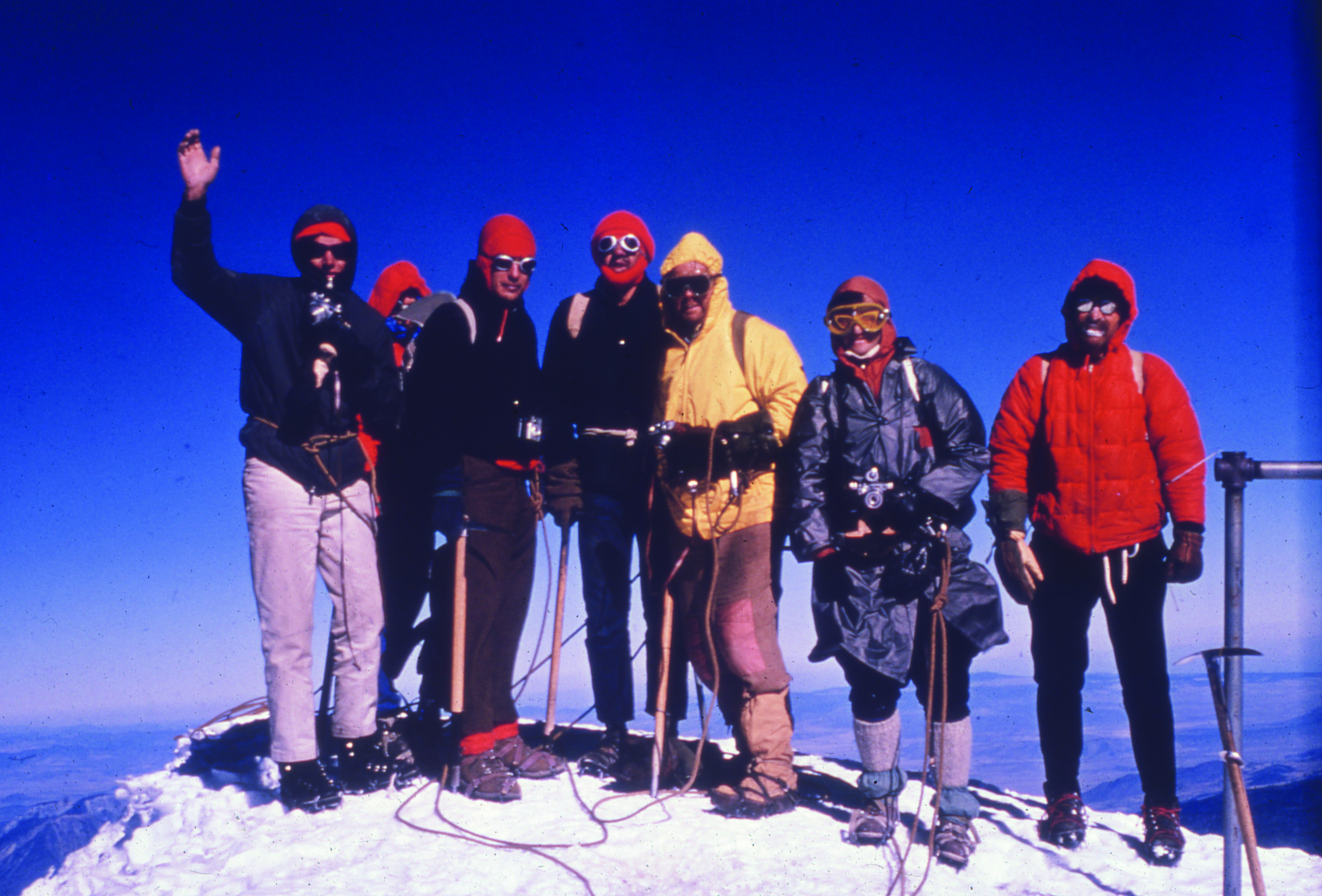 1966 photo of Mazamas on the summit of Pico de Orizaba at 18, 491 feet above sea level, the third highest mountain in North America and the second most prominent volcano in the world after Mt. Kilimanjaro in Africa. Half the earth's atmosphere lies below these climbers. The author is fifth from the right.